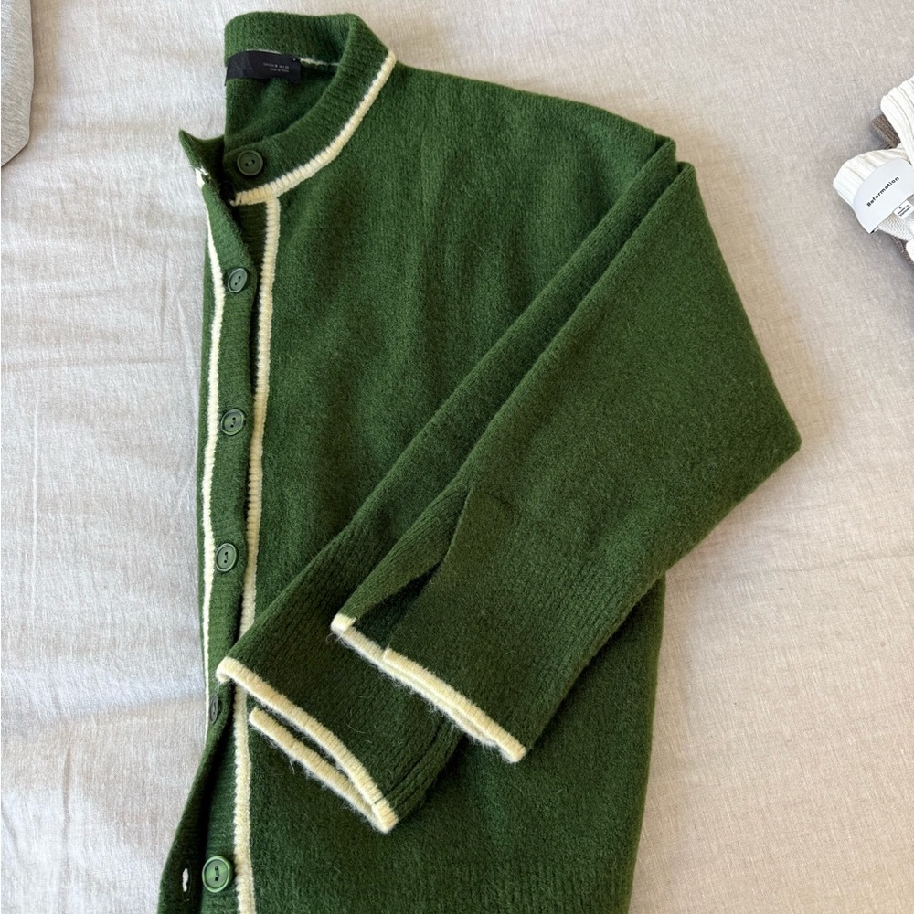 Zara Green Cardigan with Cream Trim